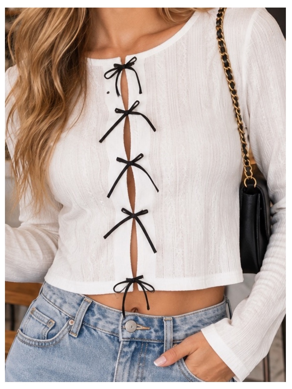 NWT SWEET LEMON Ribbed Long Sleeve Top w/Bow Accents - Black/White